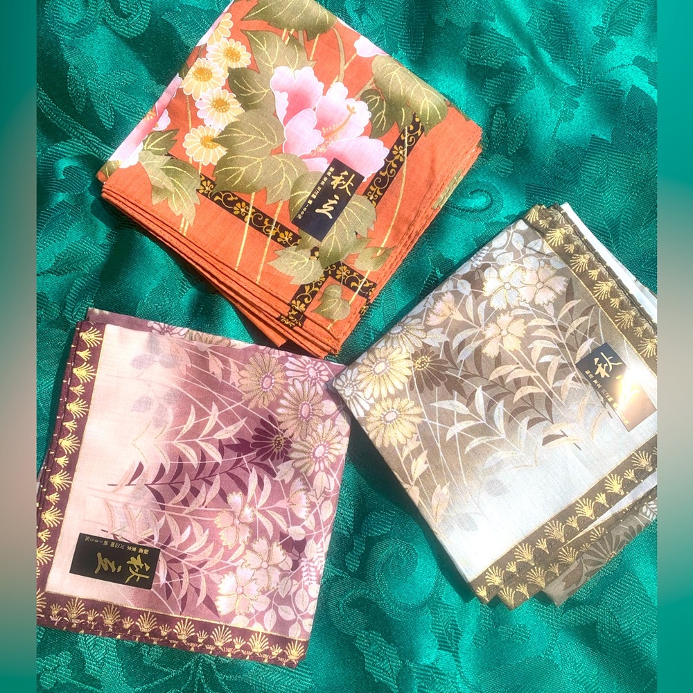 2/$30 Vintage Japanese Handkerchief Set in Orange, Pink, and Brown